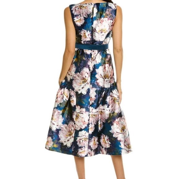 Kay Unger Lydia Ink Blush Floral Tea Length Midi Dress *Less Belt* - Picture 2 of 2
